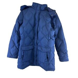 Lands End Down Quilted Coat Blue Faux Fur Trim Hood Insulated Zip Womens Large